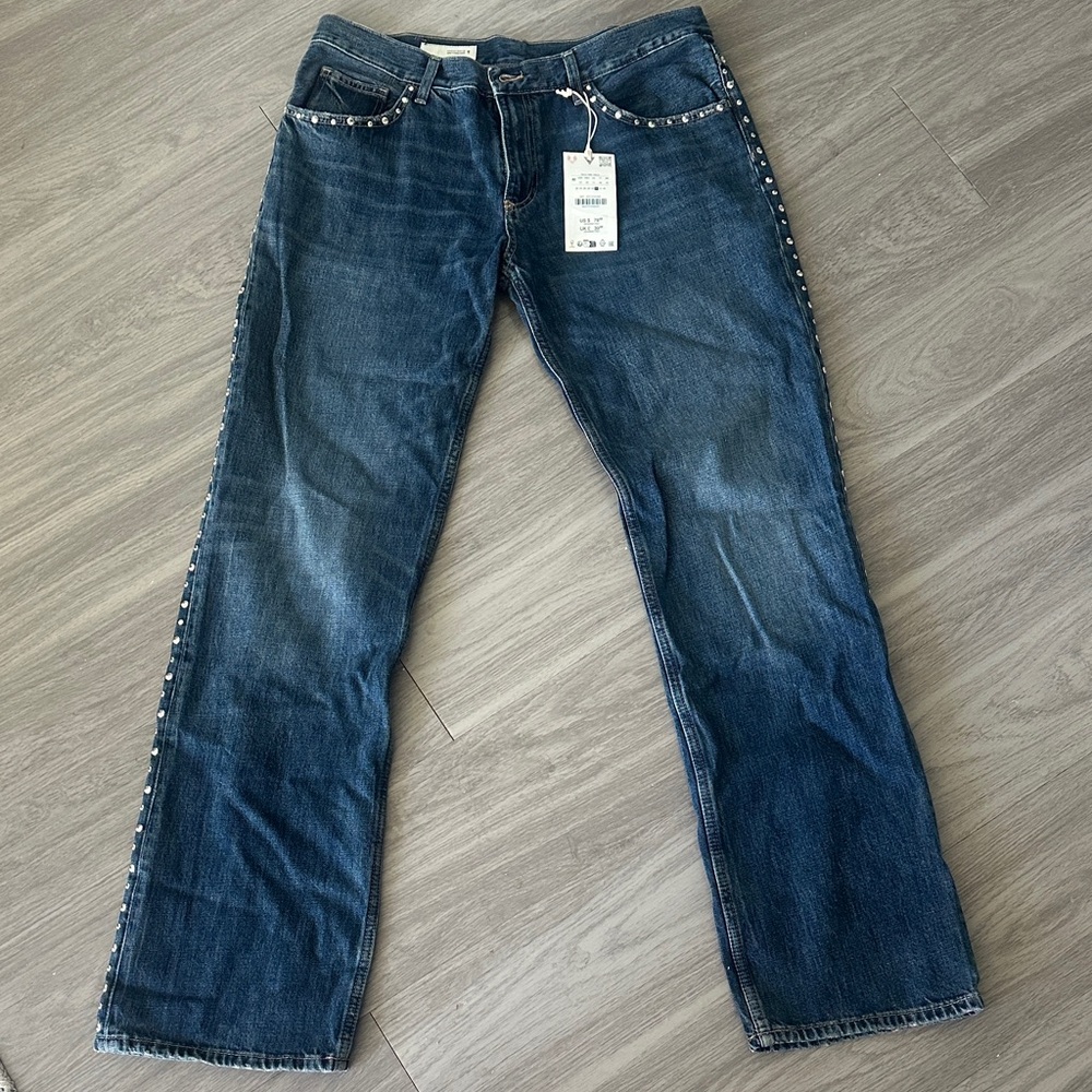Zara Dark Blue Wide Leg Jeans with Stud Accents